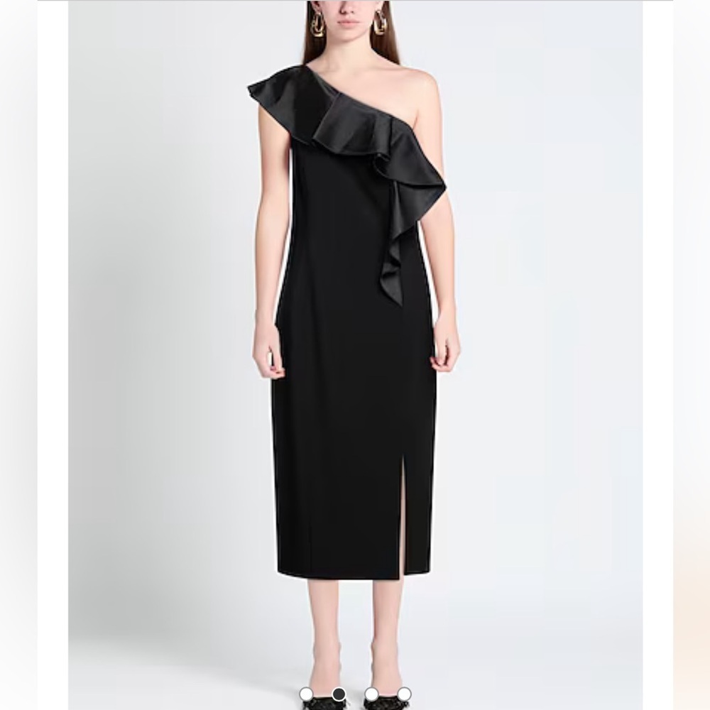 Michael Kors COLLECTION Black One Shoulder Ruffled Midi Dress with Slit Size 6